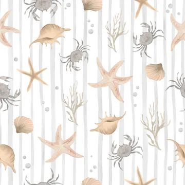Watercolor seamless pattern with beige seashells, starfishes, crabs. Vector EPS. Stock Illustration