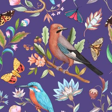 Watercolor seamless pattern with birds on tree branches and decorative floral Stock Illustration