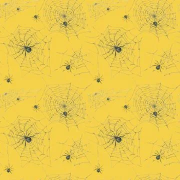 Watercolor seamless pattern with black spider and web Illustrazione stock