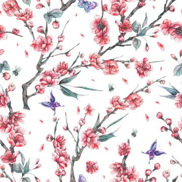 Watercolor seamless pattern with blooming branches of cherry Stock Illustration
