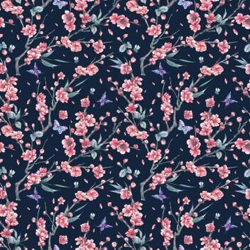 Watercolor seamless pattern with blooming branches of cherry Stock Illustration