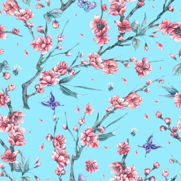 Watercolor seamless pattern with blooming branches of cherry Stock Illustration