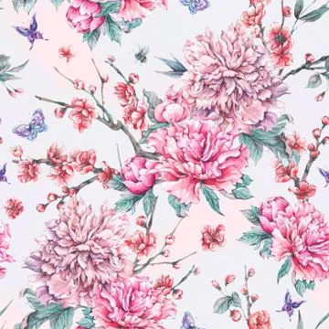 Watercolor seamless pattern with blooming cherry, peonies, Stock Illustration