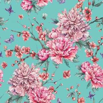 Watercolor seamless pattern with blooming cherry, peonies, 스톡 일러스트