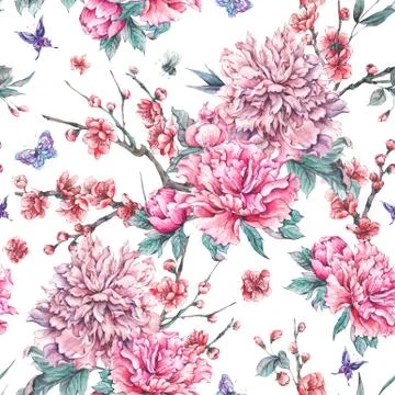 Watercolor seamless pattern with blooming cherry, peonies, Stock Illustration