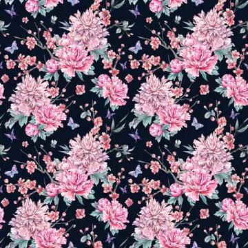 Watercolor seamless pattern with blooming cherry, peonies, Stock Illustration