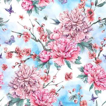Watercolor seamless pattern with blooming cherry, peonies, Stock Illustration