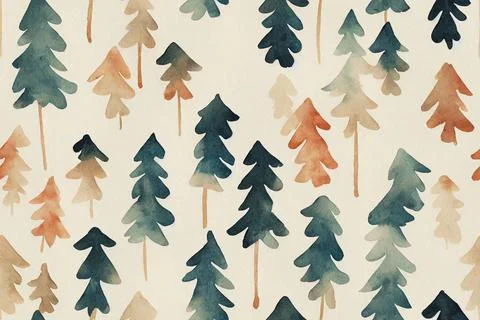 Watercolor seamless pattern with blue and green forest trees. Great for wrapp イラスト素材
