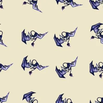 Watercolor seamless pattern with blue bats on a yellow background. Stock Illustration