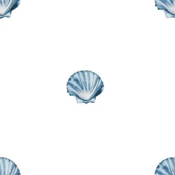 Watercolor seamless pattern blue shell on a white background. Hand drawn drawing Stock Illustration