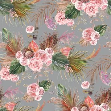 Watercolor seamless pattern in boho style with botanical composition of dried Stock Illustration