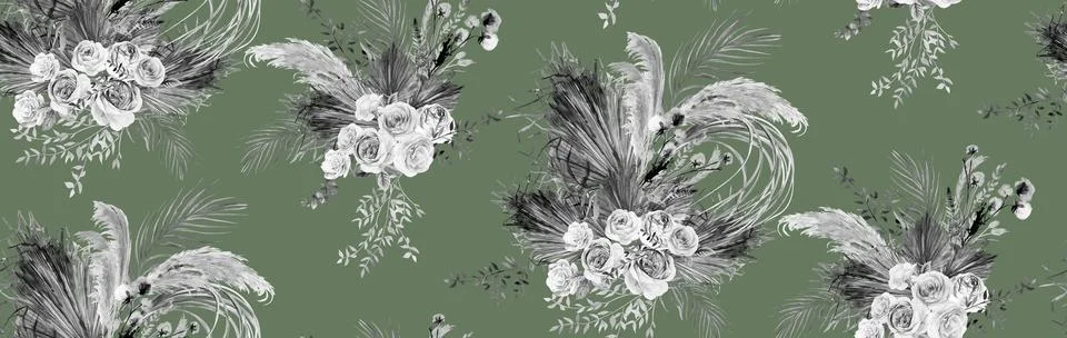 Watercolor seamless pattern in boho style with botanical composition of dried Illustrazione stock