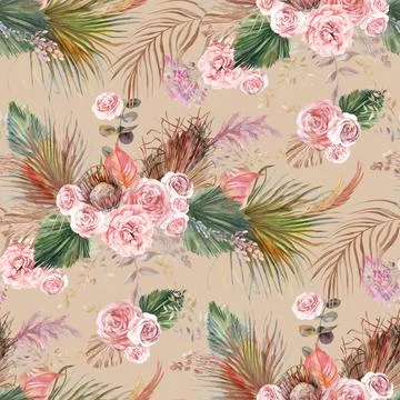 Watercolor seamless pattern with botanical composition of dried flowers Stock Illustration