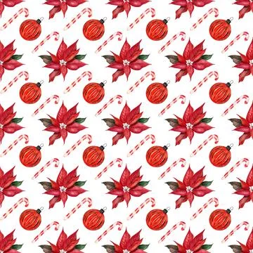 Watercolor seamless pattern with branches, leaves of blooming poinsettia Stock Illustration
