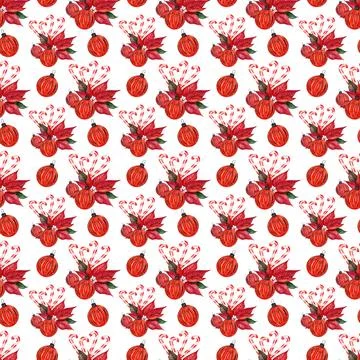 Watercolor seamless pattern with branches, leaves of blooming poinsettia Stock Illustration