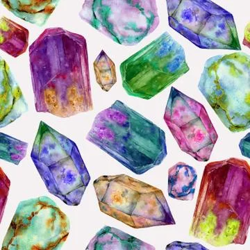 Watercolor seamless pattern with bright gem stones. Hand painted crystal Stock Illustration