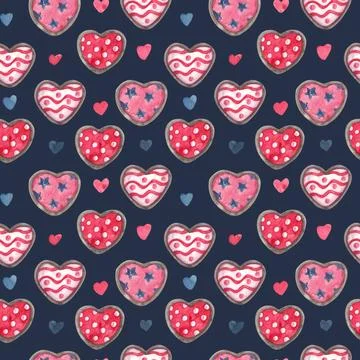 Watercolor seamless pattern with bright heart shaped cookies on dark. Stock Illustration