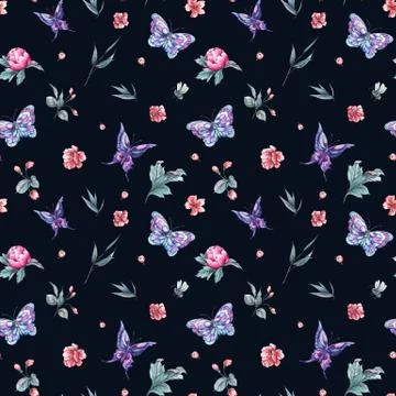 Watercolor seamless pattern buds and butterflies Illustrazione stock
