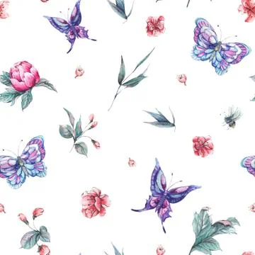 Watercolor seamless pattern buds and butterflies Illustrazione stock