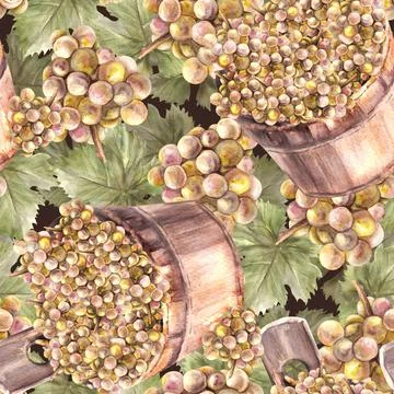 Watercolor seamless pattern bunch of grapes with leaves basket of harvest Hand Stock-Illustration
