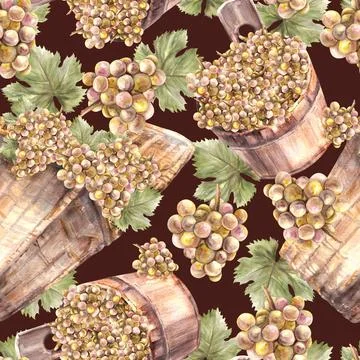 Watercolor seamless pattern bunch of grapes with leaves basket of harvest Hand Stock Illustration
