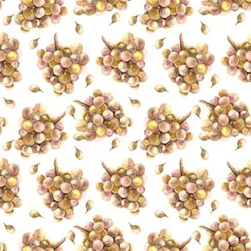 Watercolor seamless pattern bunch of green grapes leaves and grape berry Hand Stock Illustration