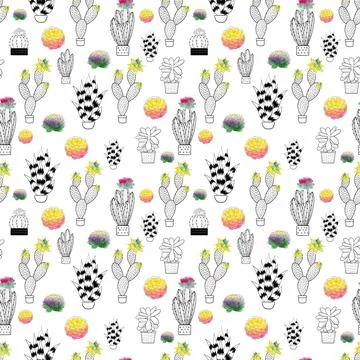 Watercolor seamless pattern with cacti of different species and flowers Illustrazione stock