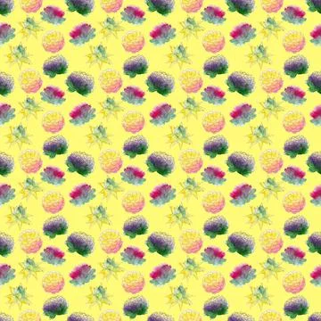 Watercolor seamless pattern with cacti of different species and flowers 스톡 일러스트