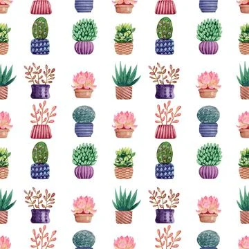 Watercolor seamless pattern with cacti in pots 스톡 일러스트