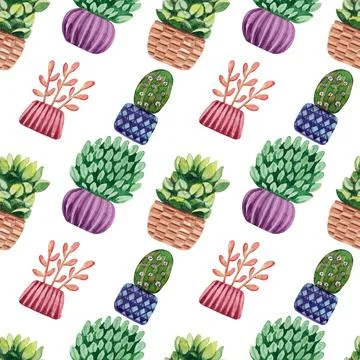 Watercolor seamless pattern with cacti in pots Stock Illustration