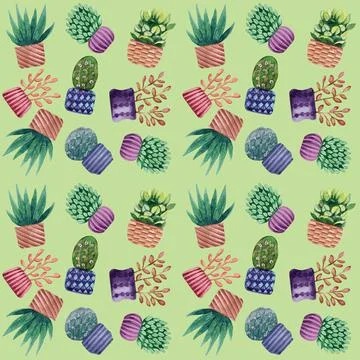 Watercolor seamless pattern with cacti in pots Stock Illustration