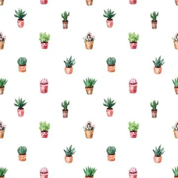 Watercolor seamless pattern with cacti in pots Stock Illustration
