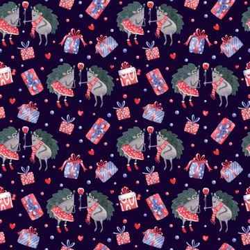 Watercolor seamless pattern with cheerful hedgehogs and gift boxes on dark. Stock Illustration