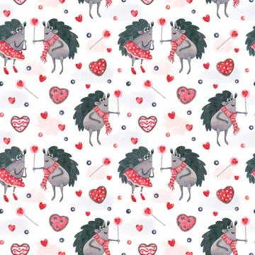 Watercolor seamless pattern with cheerful hedgehogs with sweets. Stock Illustration
