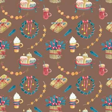 Watercolor seamless pattern with Christmas decorations on brown. Stock Illustration