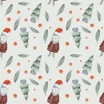 Watercolor seamless pattern with Christmas illustrations. Stock Illustration