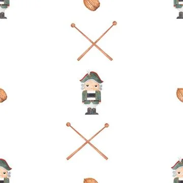 Watercolor seamless pattern christmas nutcracker. green nutcracker with 스톡 일러스트