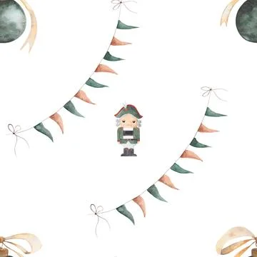 Watercolor seamless pattern christmas nutcracker with flags and green balls 스톡 일러스트