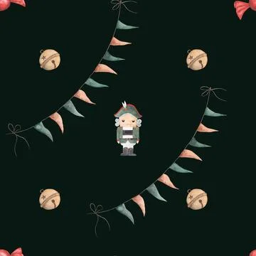 Watercolor seamless pattern christmas nutcracker with flags and green balls on a Stock Illustration