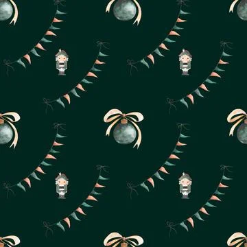 Watercolor seamless pattern christmas nutcracker. green nutcracker with Stock Illustration