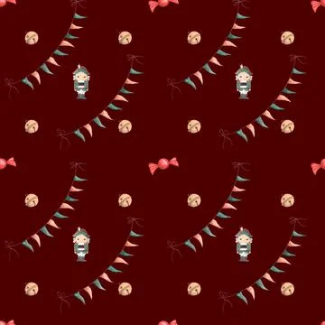 Watercolor seamless pattern christmas nutcracker with flags and green balls on a Stock Illustration