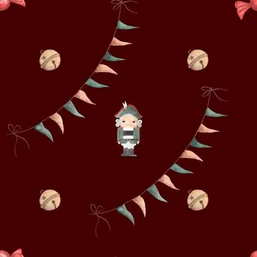 Watercolor seamless pattern christmas nutcracker with flags and green balls on a Stock Illustration
