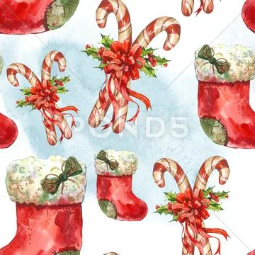 Watercolor seamless pattern with Christmas socks, ribbon, candy Stock Illustration