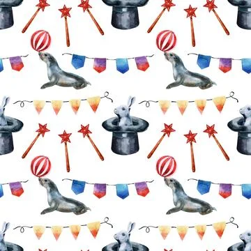 Watercolor seamless pattern on a circus theme Stock Illustration