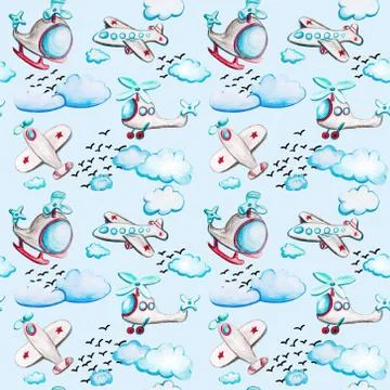 Watercolor seamless pattern with clouds and birds. Stock Illustration