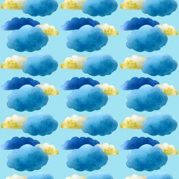 Watercolor seamless pattern of clouds. blue Stock Illustration