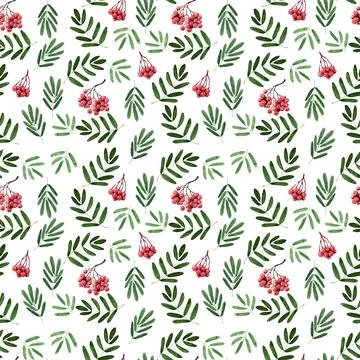 Watercolor seamless pattern with clusters, leaves and branches of mountain ash Stock Illustration