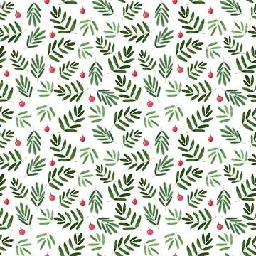 Watercolor seamless pattern with clusters, leaves and branches of mountain ash Stock Illustration