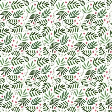 Watercolor seamless pattern with clusters, leaves and branches of mountain ash Stock Illustration