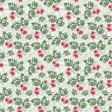 Watercolor seamless pattern with clusters, leaves and branches of mountain ash Stock Illustration